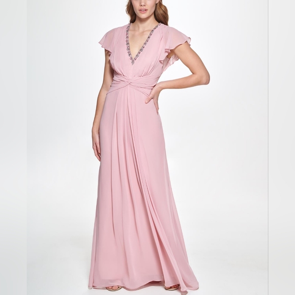 Eliza J Women's Dress Flutter Sleeve V-neck Twist Waist Gown - Picture 1 of 8